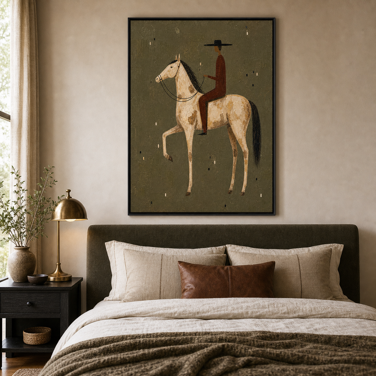 Hand Painted Western Horse Oil Painting, Cream Horse Rider Framed Canvas Wall Art