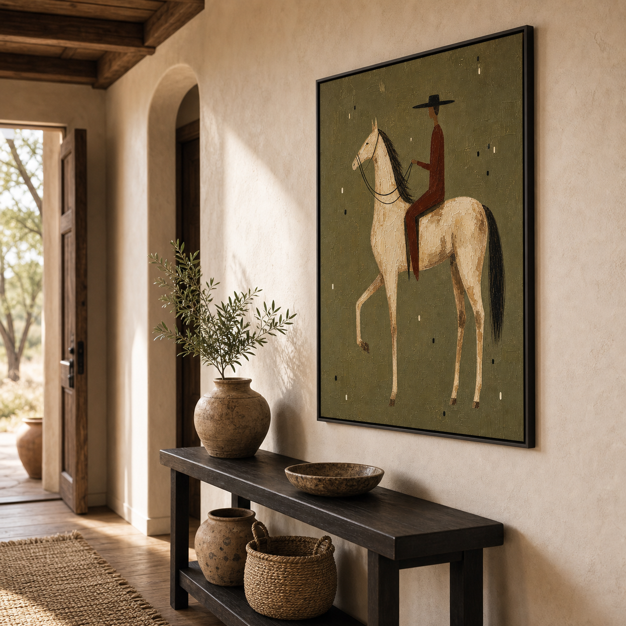 Hand Painted Western Horse Oil Painting, Cream Horse Rider Framed Canvas Wall Art