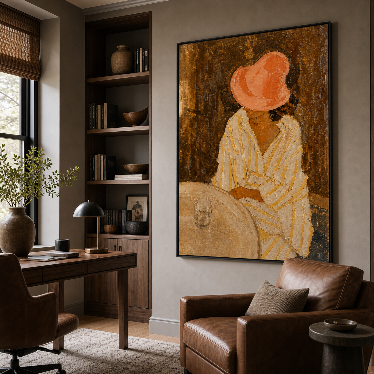 Original Hand Painted Oil Painting, Woman in Coral Hat Framed Canvas Wall Art for Dining Room Decor