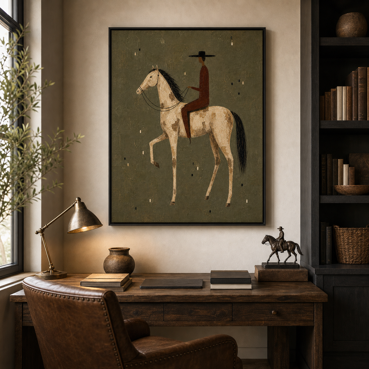 Hand Painted Western Horse Oil Painting, Cream Horse Rider Framed Canvas Wall Art