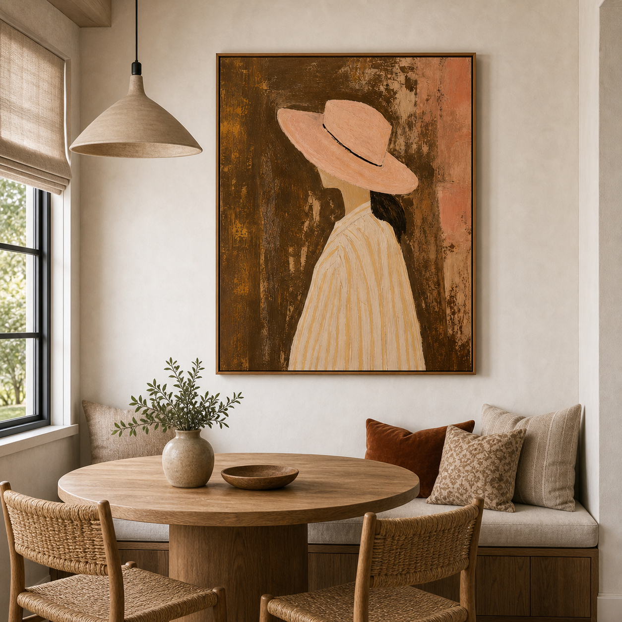 Hand Painted Woman Portrait Oil Painting, Neutral Canvas Wall Art for Living Room Decor