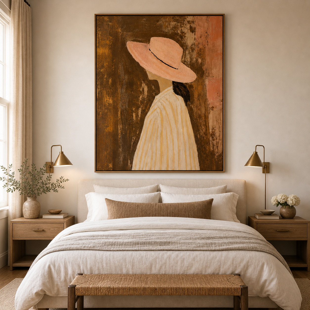 Hand Painted Woman Portrait Oil Painting, Neutral Canvas Wall Art for Living Room Decor