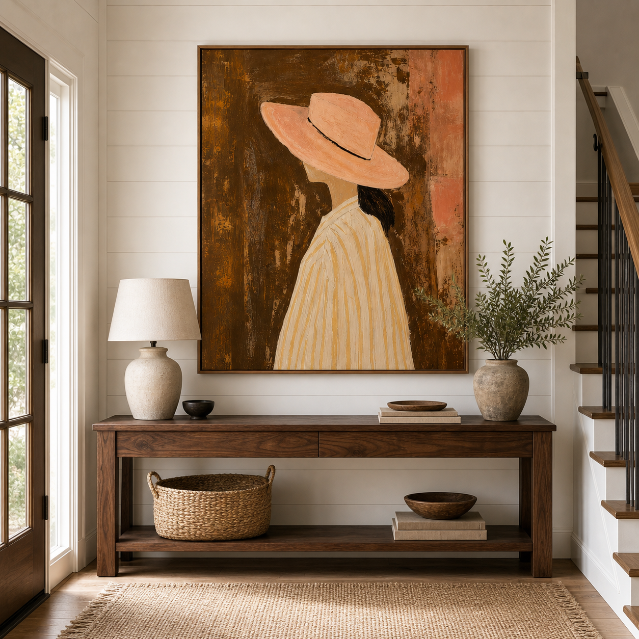 Hand Painted Woman Portrait Oil Painting, Neutral Canvas Wall Art for Living Room Decor