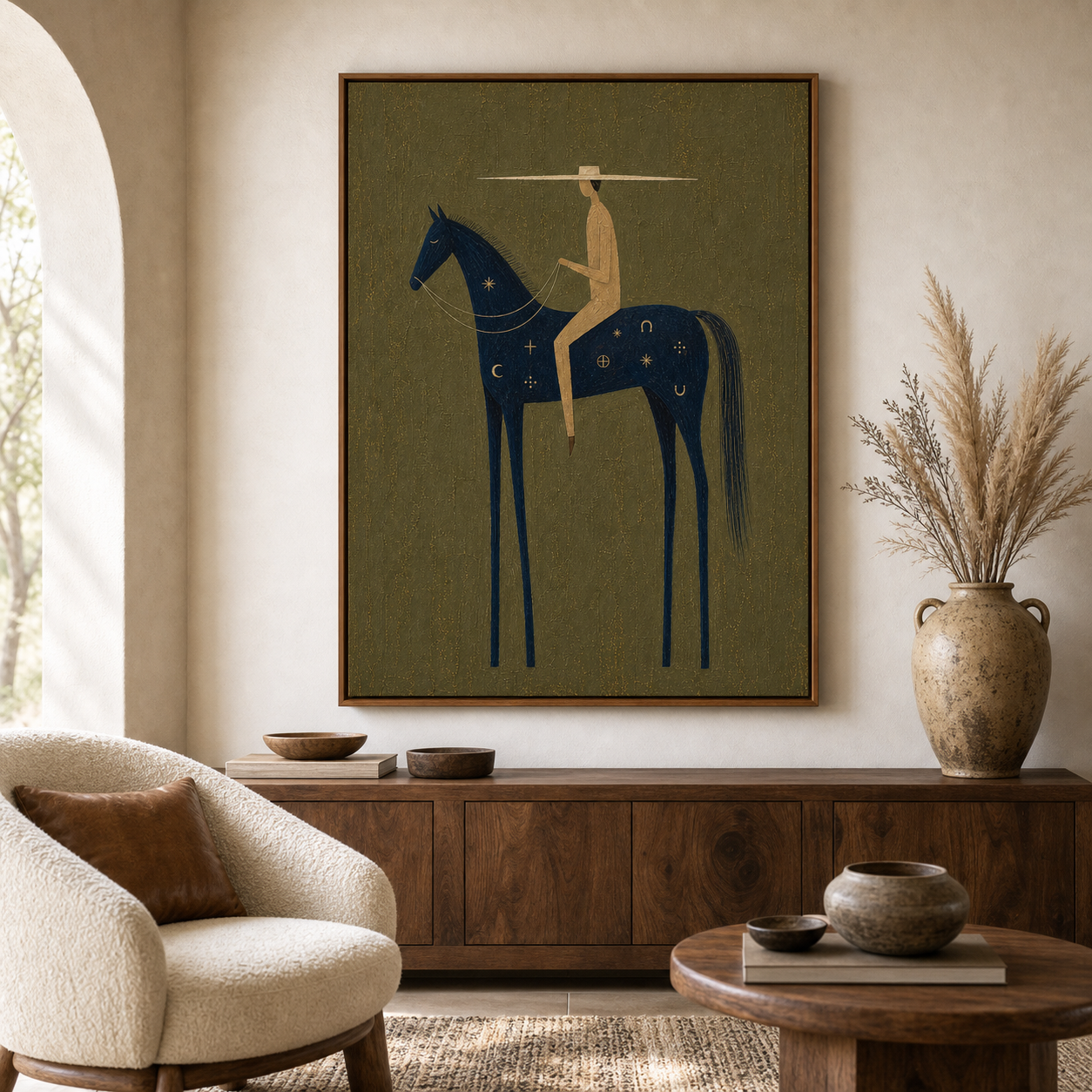 Original Hand Painted Western Horse Oil Painting, Navy Blue Horse Rider Framed Canvas Wall Art