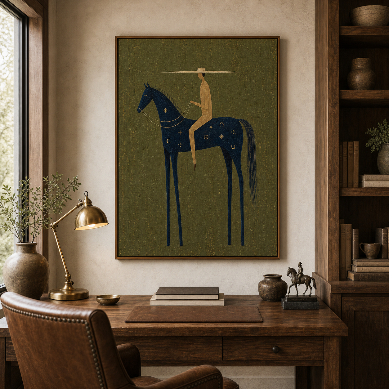 Original Hand Painted Western Horse Oil Painting, Navy Blue Horse Rider Framed Canvas Wall Art