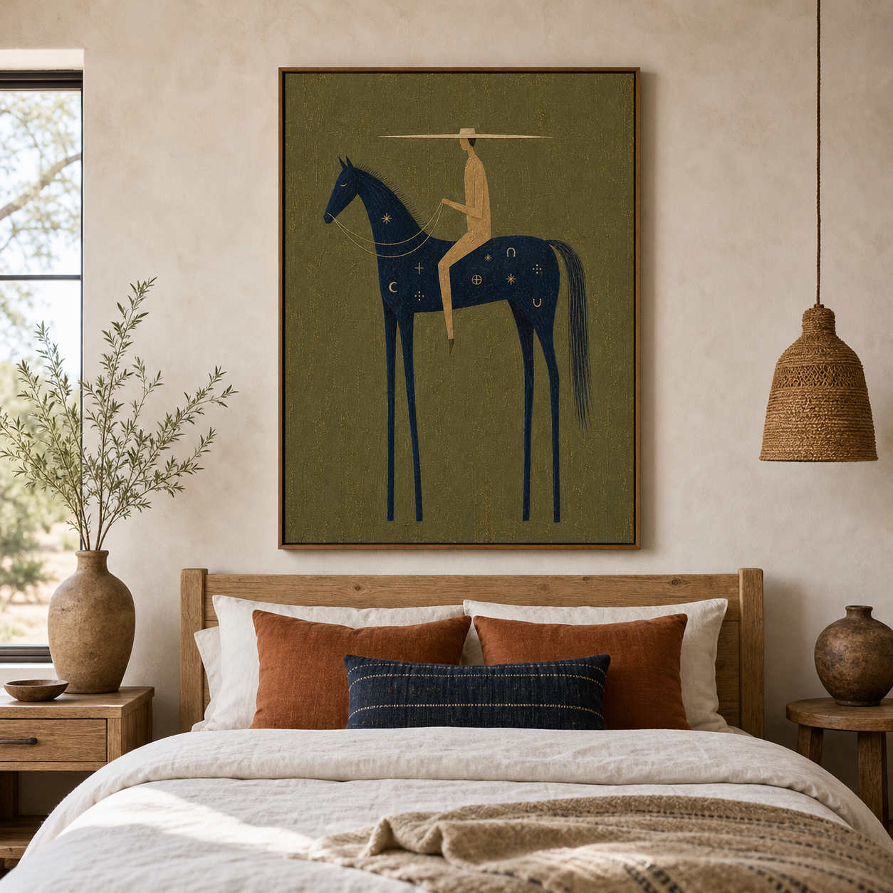 Original Hand Painted Western Horse Oil Painting, Navy Blue Horse Rider Framed Canvas Wall Art