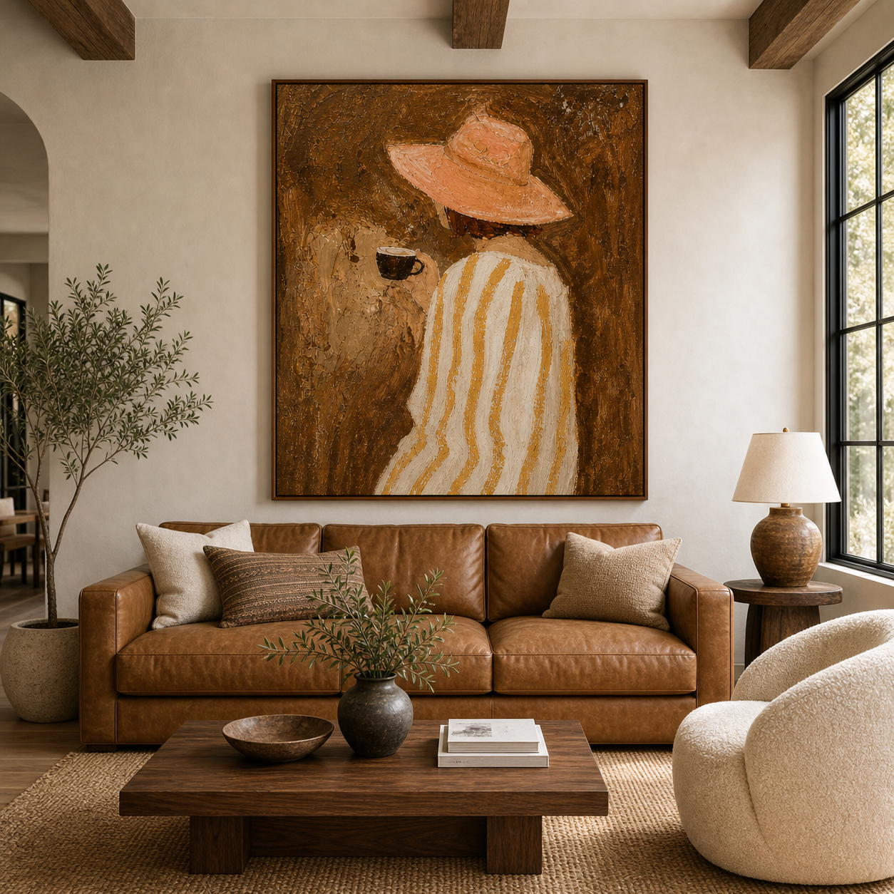 Original Hand Painted Oil Painting Woman with Coffee Canvas Wall Art for Bedroom Decor