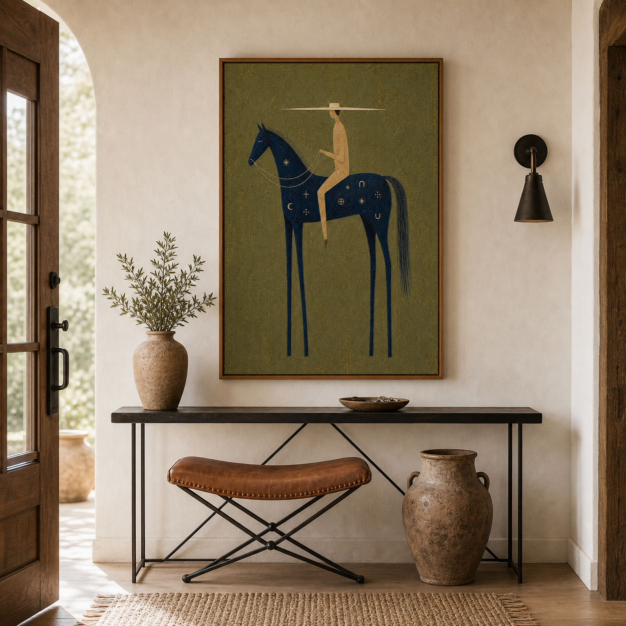 Original Hand Painted Western Horse Oil Painting, Navy Blue Horse Rider Framed Canvas Wall Art