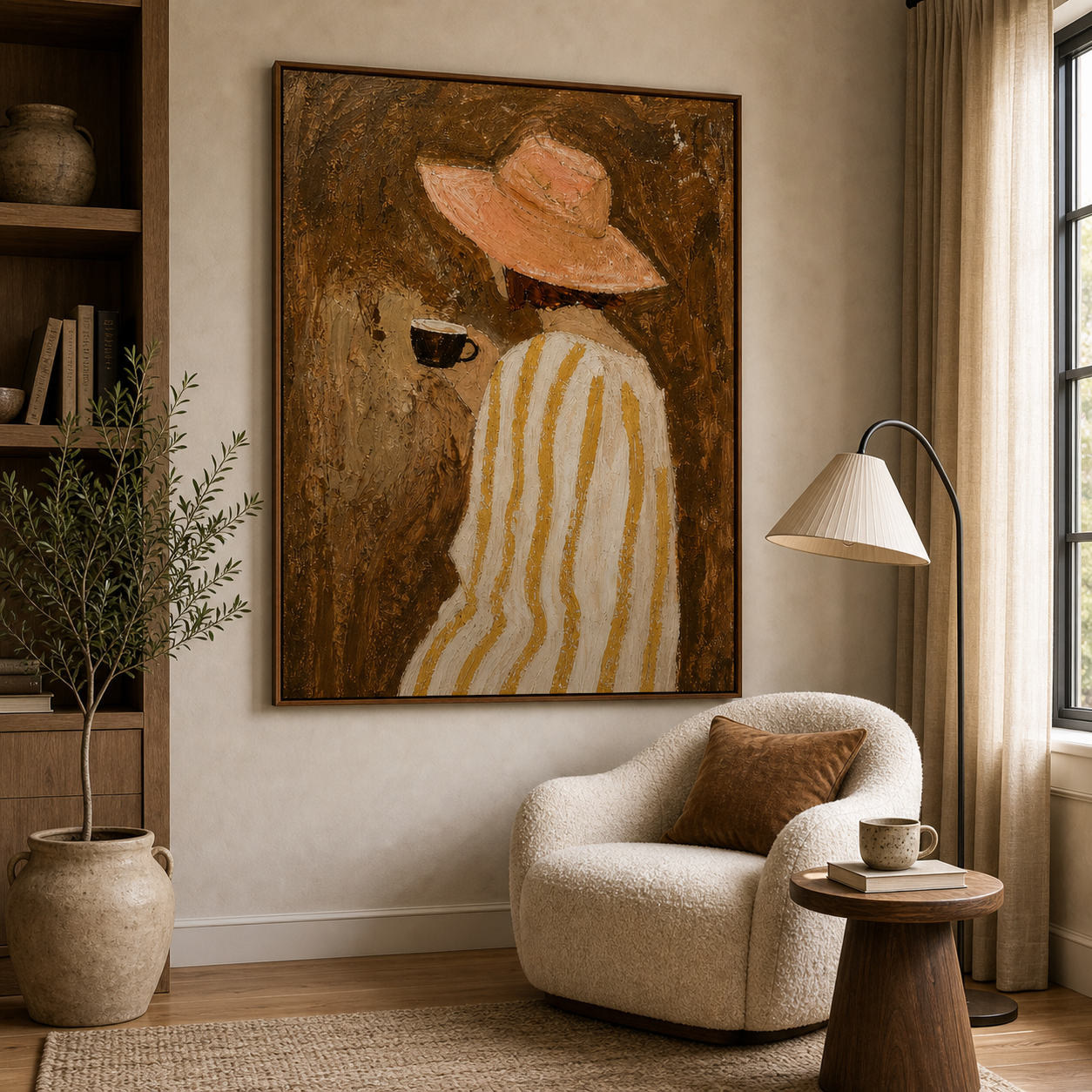 Original Hand Painted Oil Painting Woman with Coffee Canvas Wall Art for Bedroom Decor