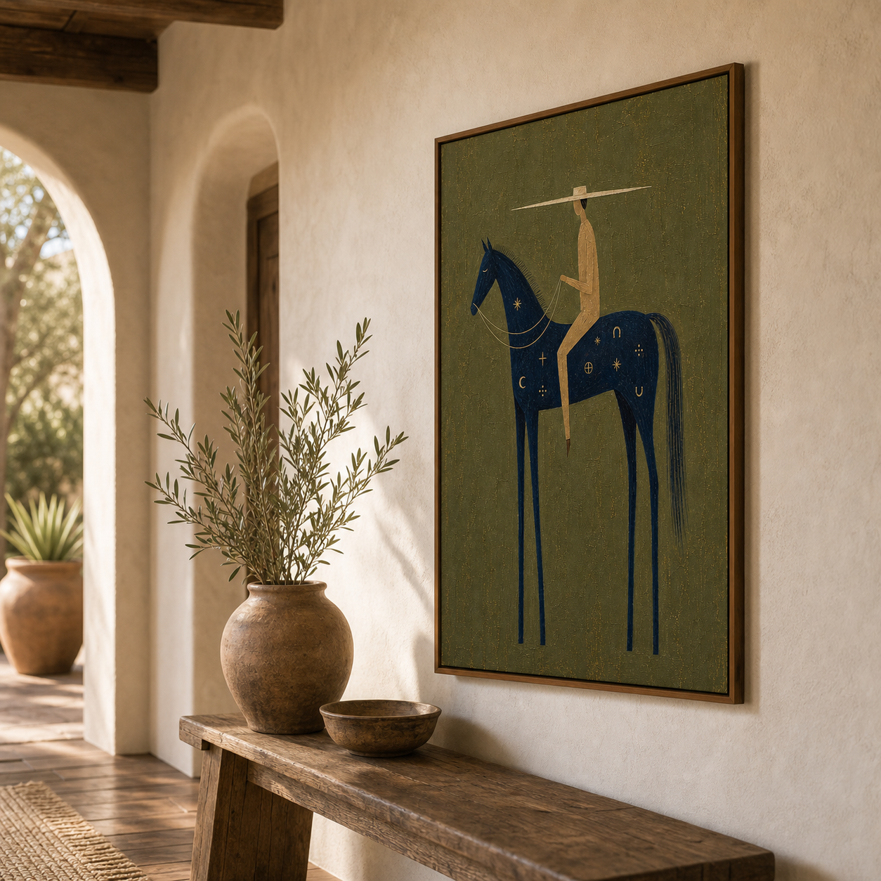 Original Hand Painted Western Horse Oil Painting, Navy Blue Horse Rider Framed Canvas Wall Art