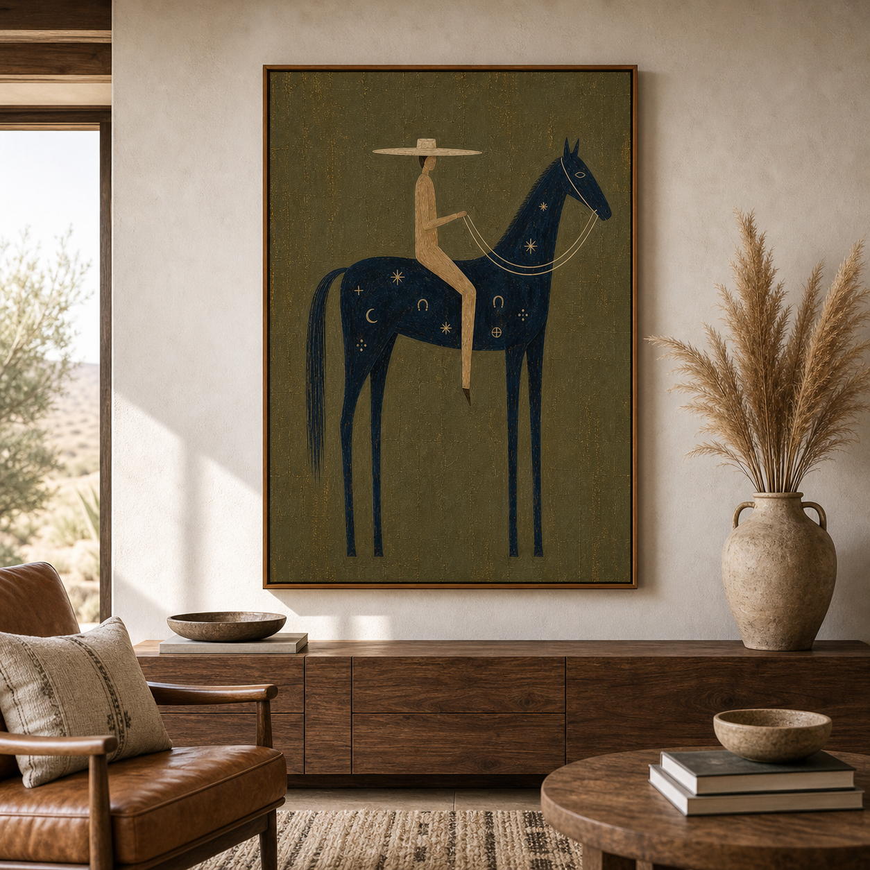 Hand Painted Navy Horse Oil Painting, Modern Equestrian Canvas Wall Art with Western Rider