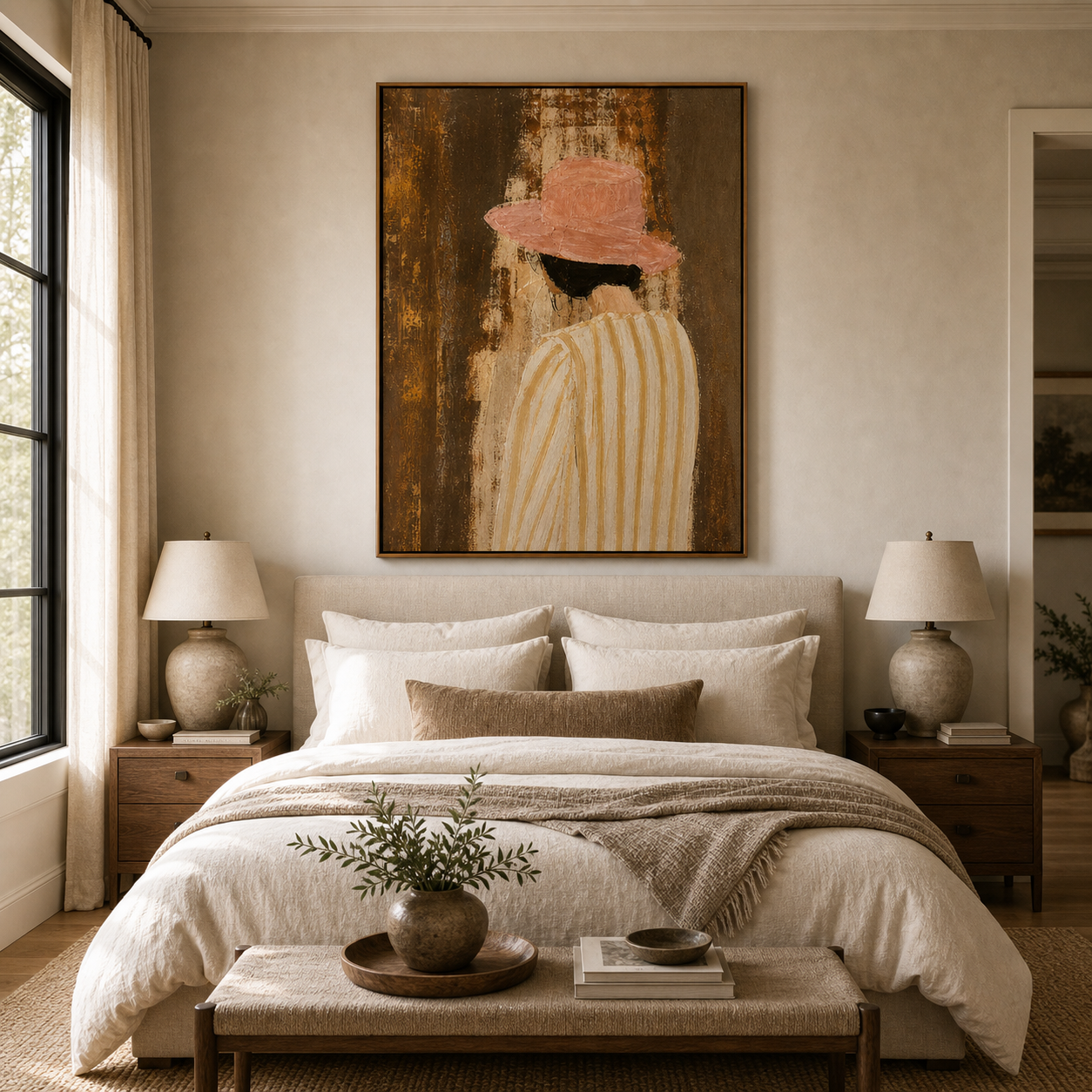 Vertical Hand Painted Oil Painting, Back View Woman Canvas Wall Art for Entryway Decor