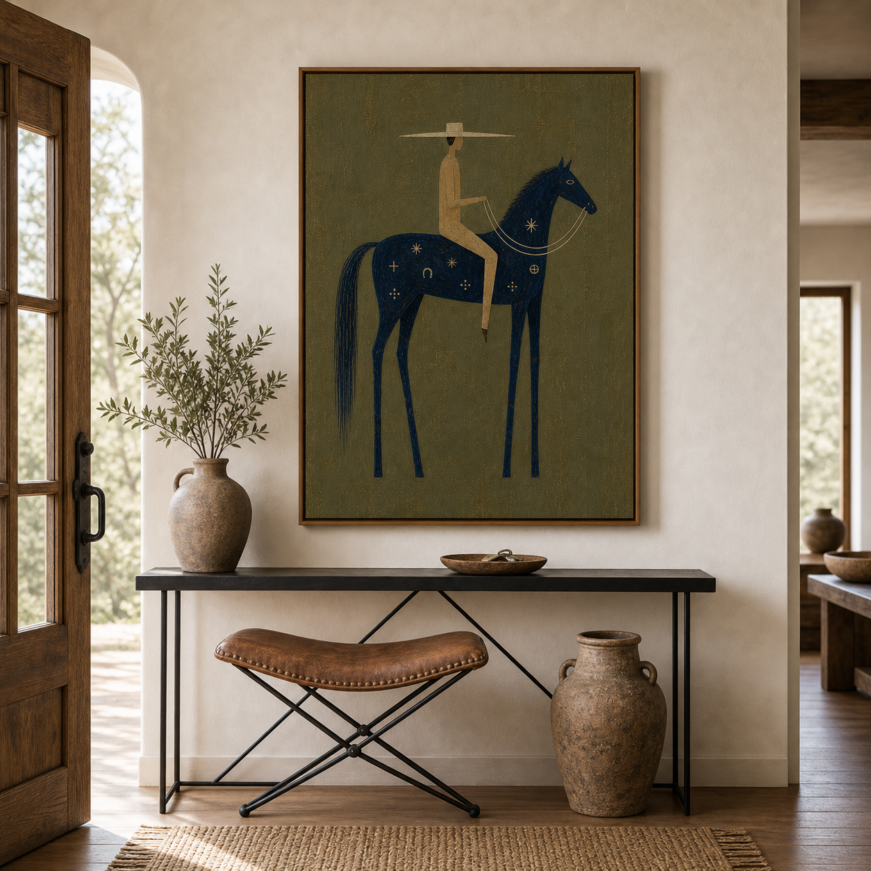 Hand Painted Navy Horse Oil Painting, Modern Equestrian Canvas Wall Art with Western Rider