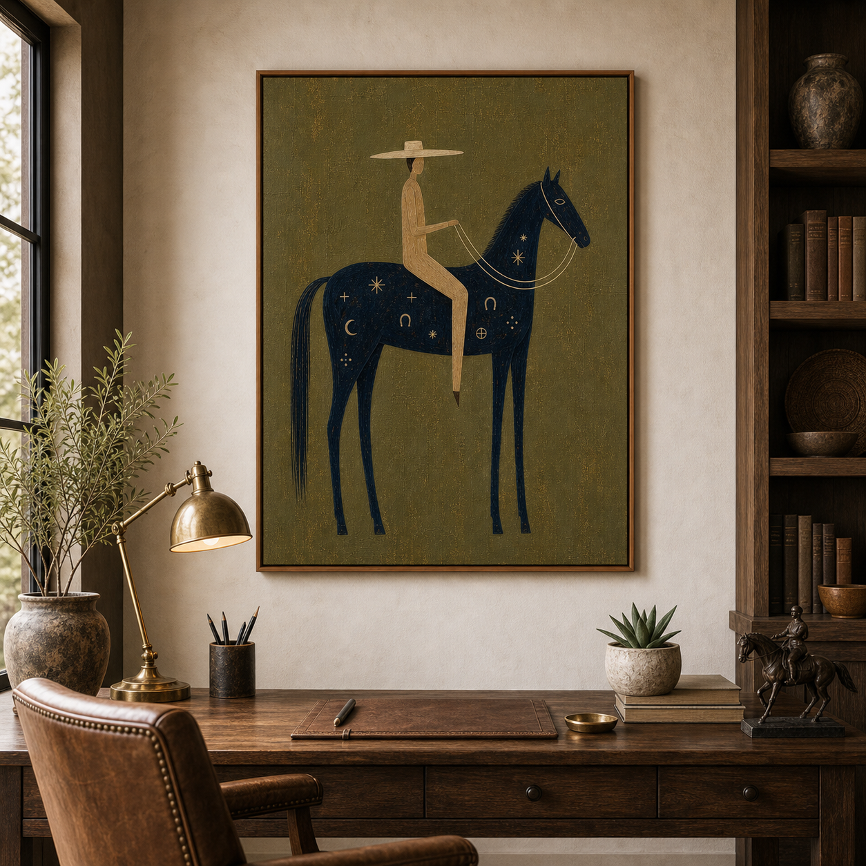 Hand Painted Navy Horse Oil Painting, Modern Equestrian Canvas Wall Art with Western Rider