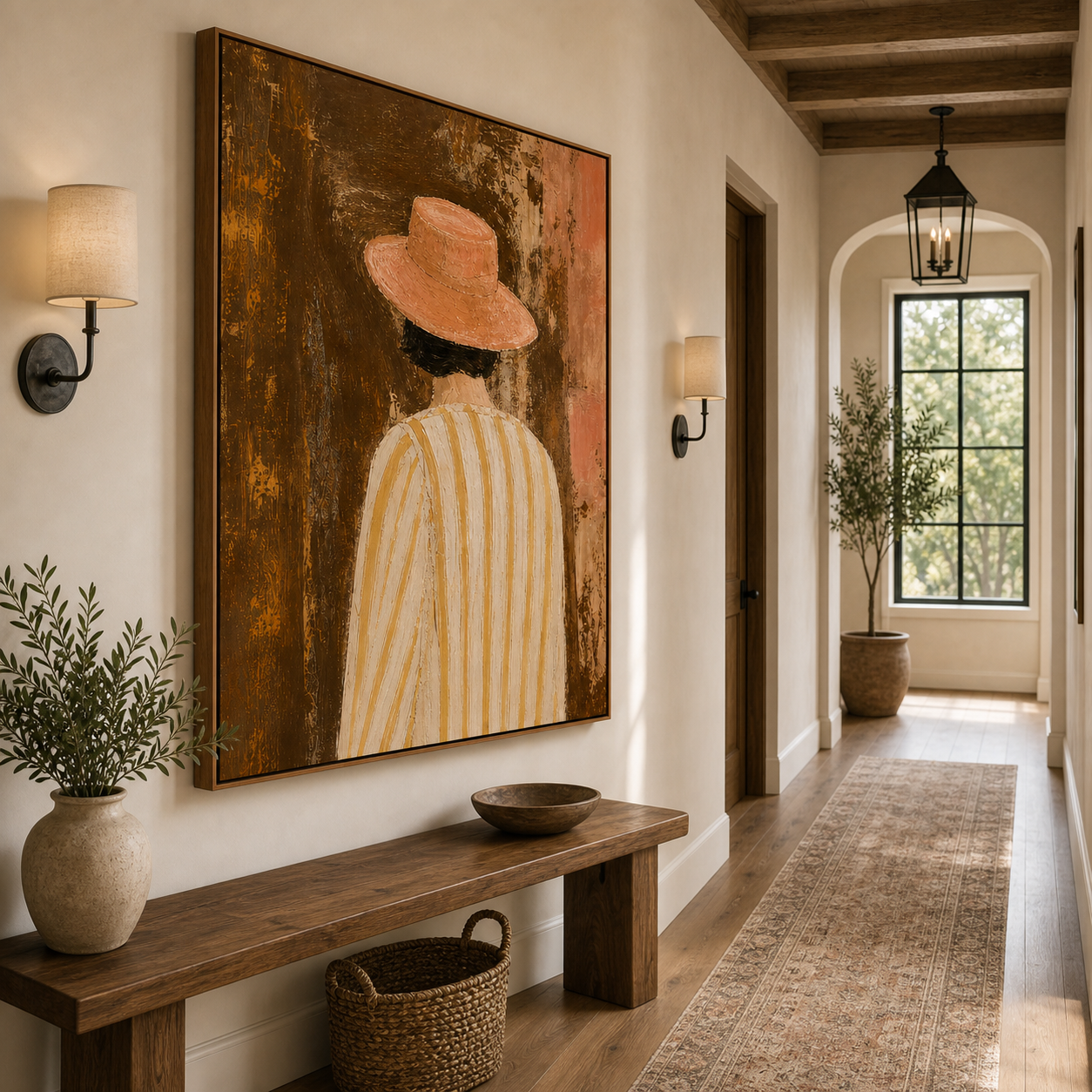 Vertical Hand Painted Oil Painting, Back View Woman Canvas Wall Art for Entryway Decor