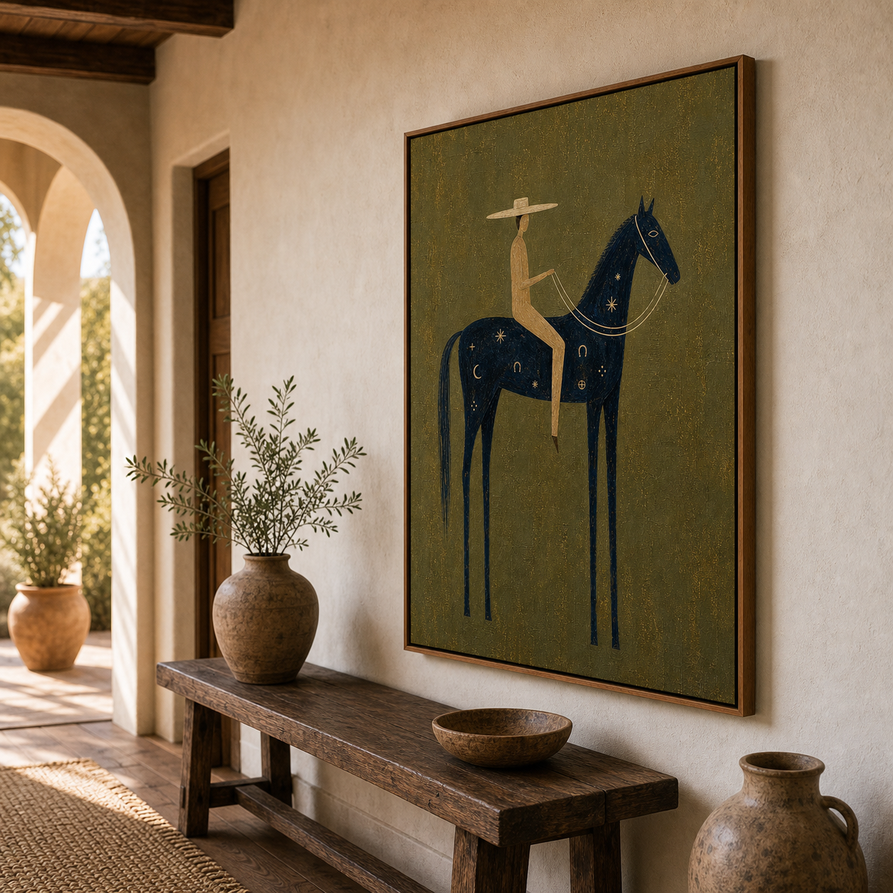 Hand Painted Navy Horse Oil Painting, Modern Equestrian Canvas Wall Art with Western Rider