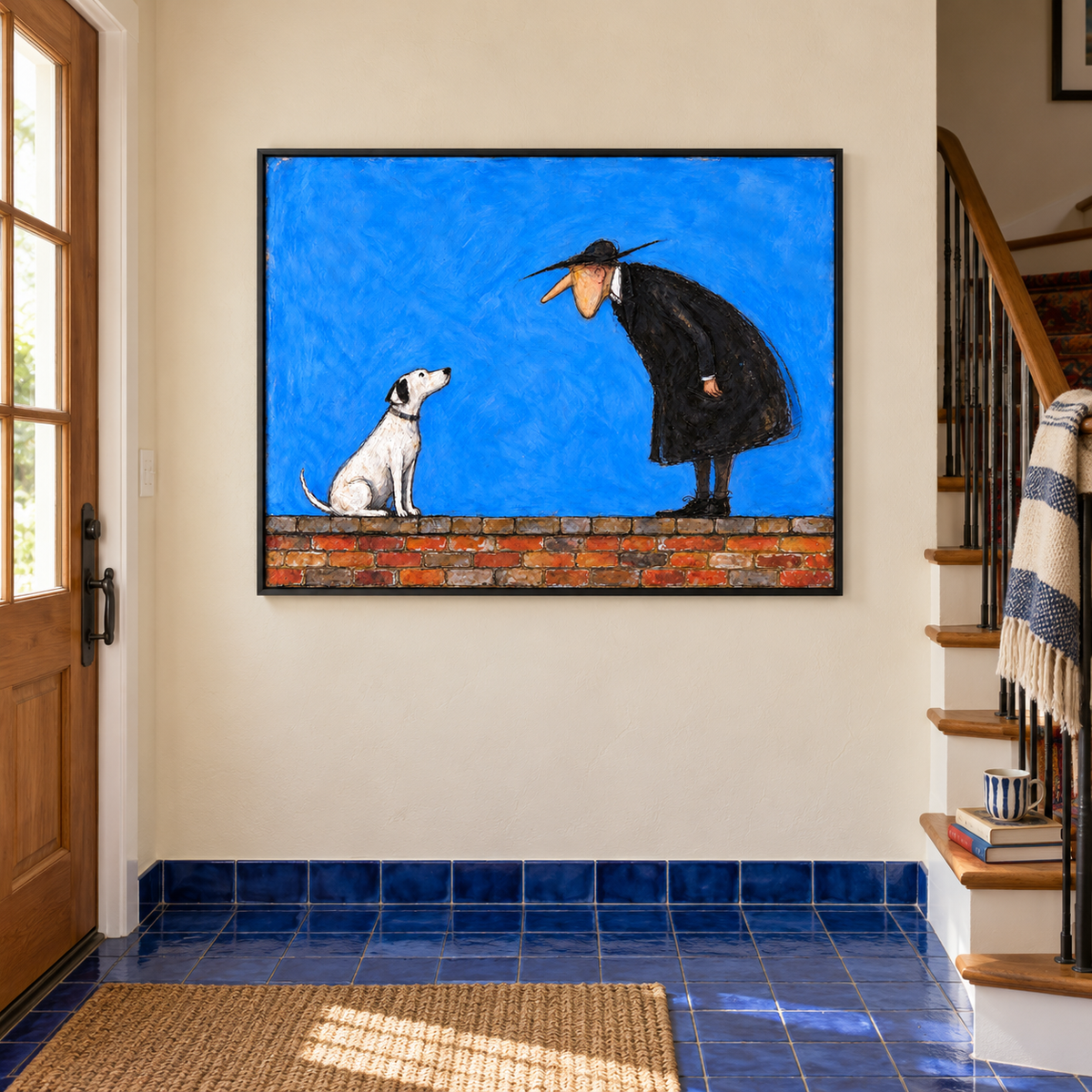 A long-nosed man in a black coat and broad black hat bending toward a seated white dog above a strip of red brick against a vivid blue background, shown in room setting 2.