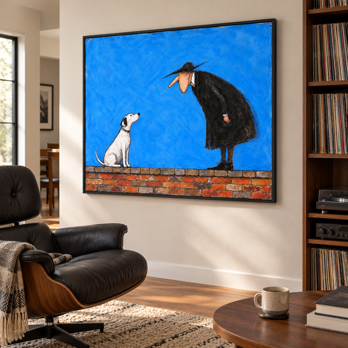 A long-nosed man in a black coat and broad black hat bending toward a seated white dog above a strip of red brick against a vivid blue background, shown in room setting 4.