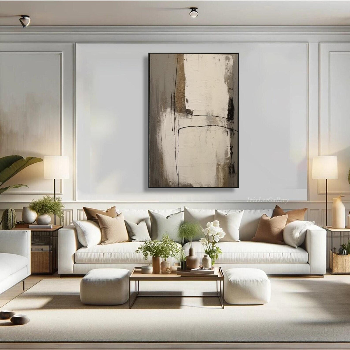 Tall ivory and gray-brown fields crossed by thin dark lines in a restrained vertical abstract composition, shown in room setting 2.