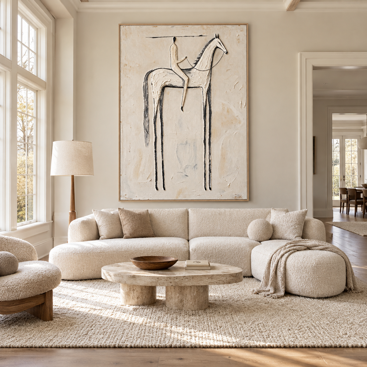 A slender rider on a long-legged white horse outlined in charcoal against a warm off-white background, shown in a japandi living room.