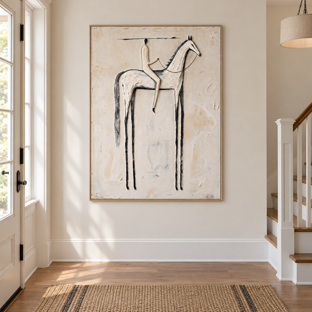 A slender rider on a long-legged white horse outlined in charcoal against a warm off-white background, shown in a scandinavian entryway.