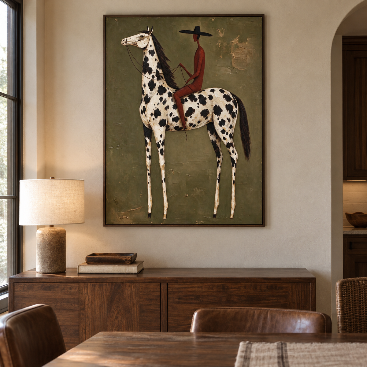 A rust-red rider on a white horse with black spots against olive green, above a dining room sideboard.