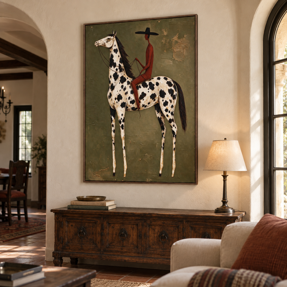 A rust-red rider on a white horse with black spots against olive green, shown from an angle in a living room.