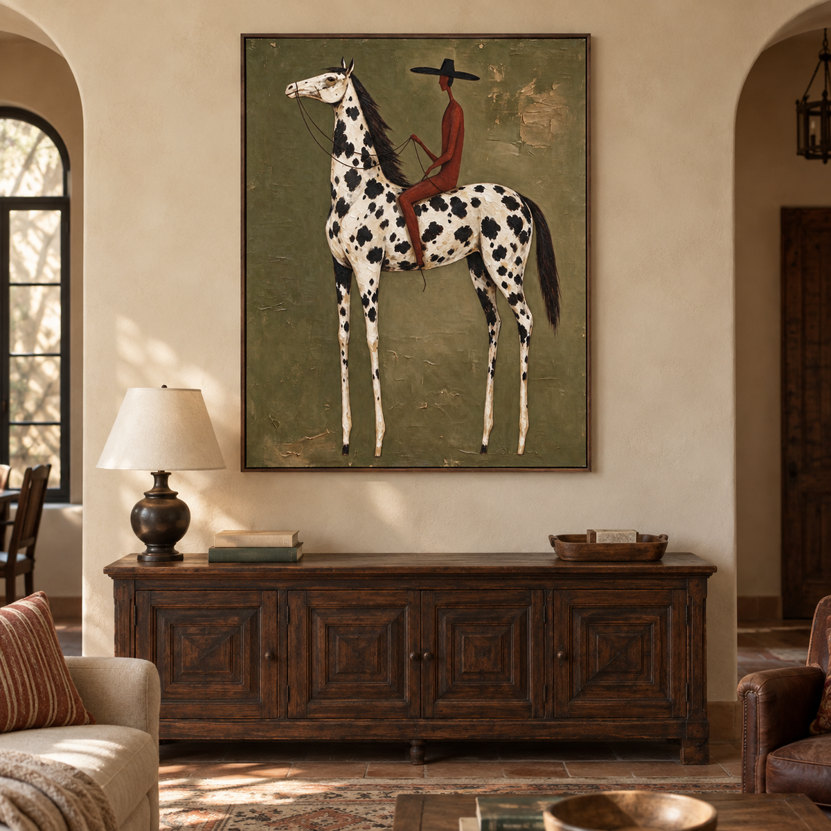A rust-red rider on a white horse with black spots against olive green, in a Spanish Revival living room.