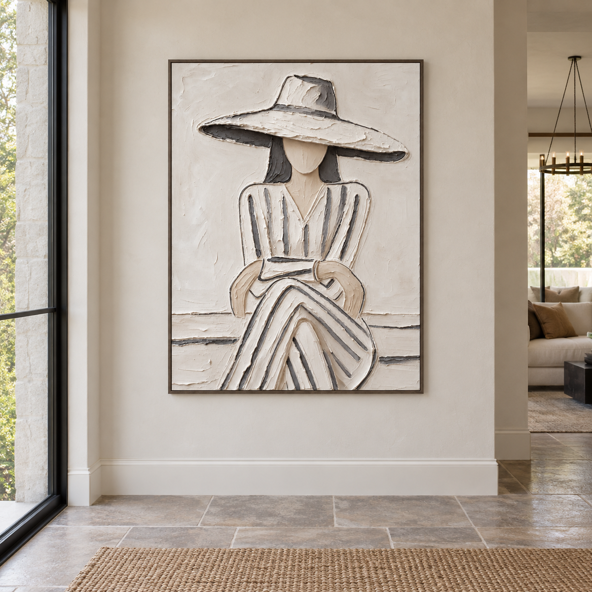 A seated woman in a broad white hat and gray-striped dress with folded hands against a pale background, shown in a midcentury entryway.