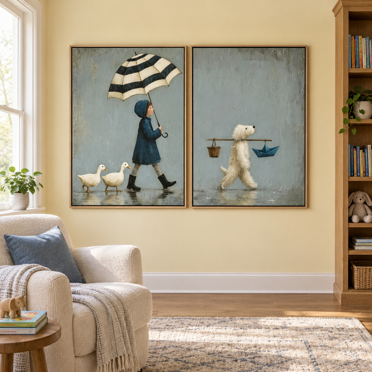 A two-panel rainy-day scene with a child carrying a striped umbrella followed by two ducks on the left, and a white dog carrying a basket and blue paper boat on the right, shown in room setting 2.