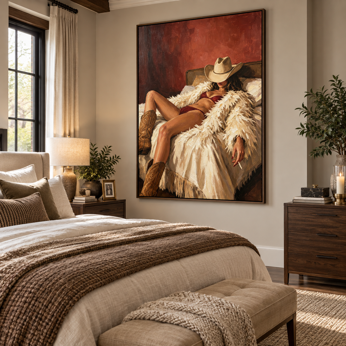 A reclining cowgirl in a tan hat, burgundy lingerie, and brown boots against cream bedding and a red wall, shown from an angle in a bedroom.