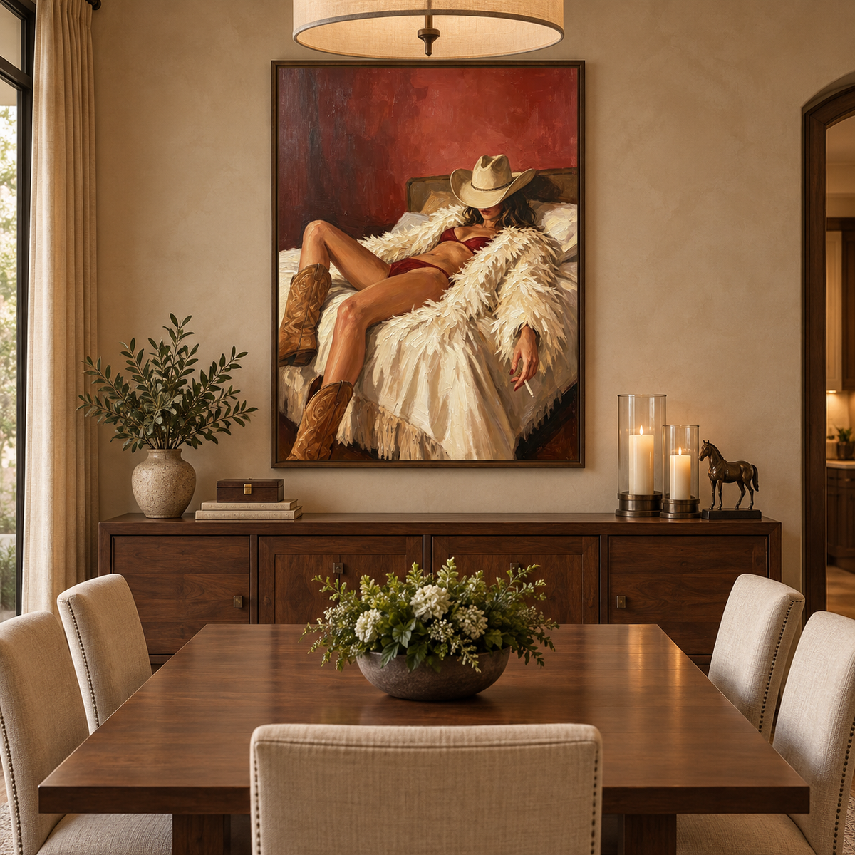 A reclining cowgirl in a tan hat, burgundy lingerie, and brown boots against cream bedding and a red wall, in a dining room.