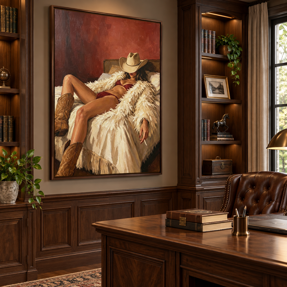 A reclining cowgirl in a tan hat, burgundy lingerie, and brown boots against cream bedding and a red wall, shown from an angle in a study.