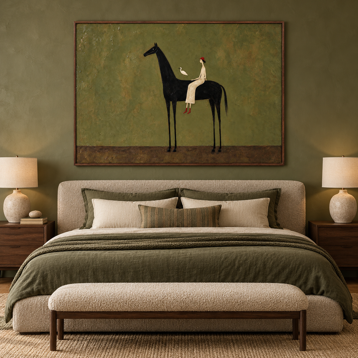 A small cream-clad woman in a red hat sits on a tall black horse against an olive-green ground; a white bird rests behind her on the horse’s back., in a bedroom.