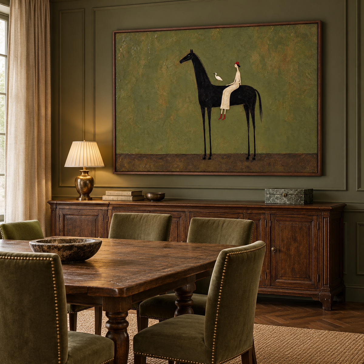 A small cream-clad woman in a red hat sits on a tall black horse against an olive-green ground; a white bird rests behind her on the horse’s back., shown from an angle in a dining room.
