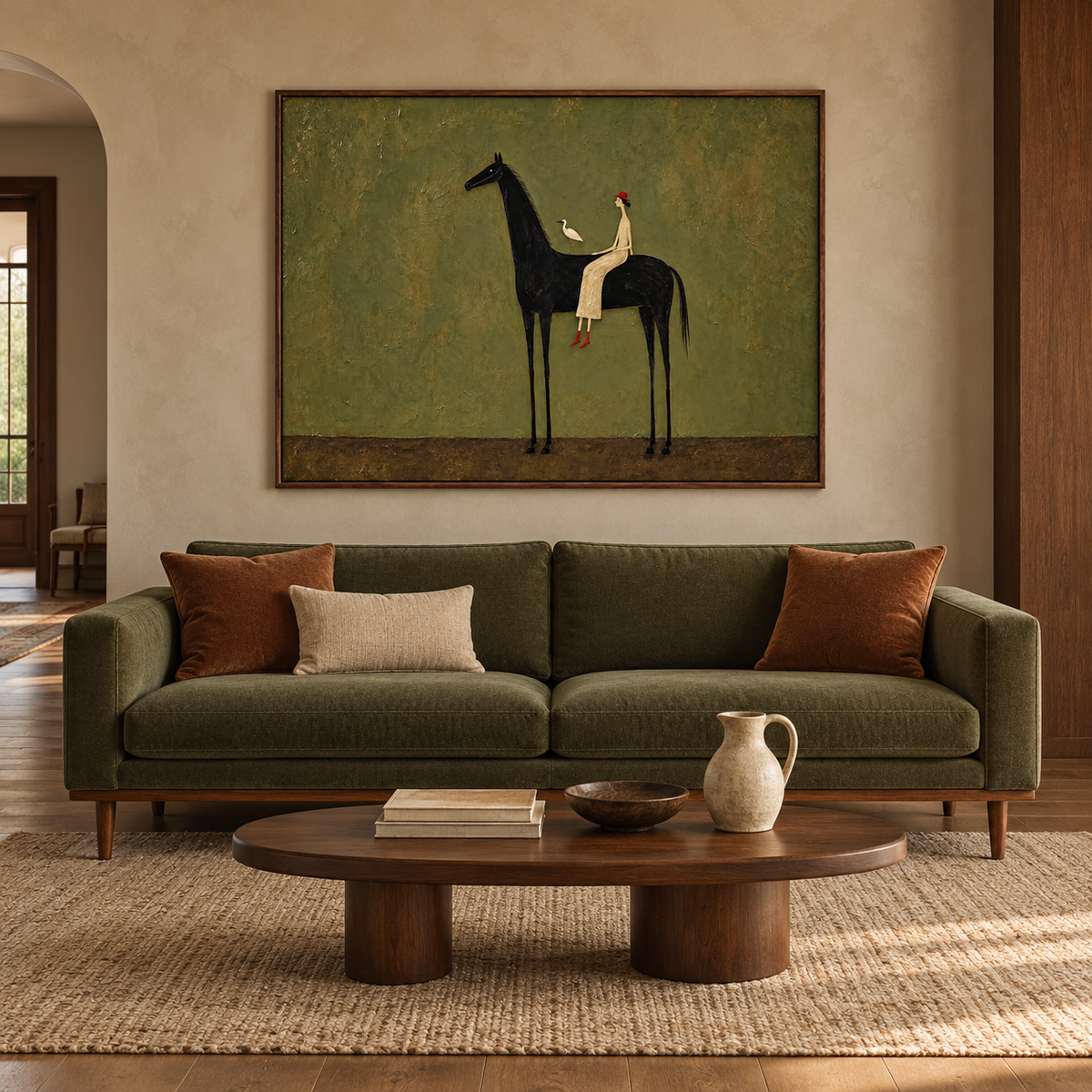 A small cream-clad woman in a red hat sits on a tall black horse against an olive-green ground; a white bird rests behind her on the horse’s back., in a living room.