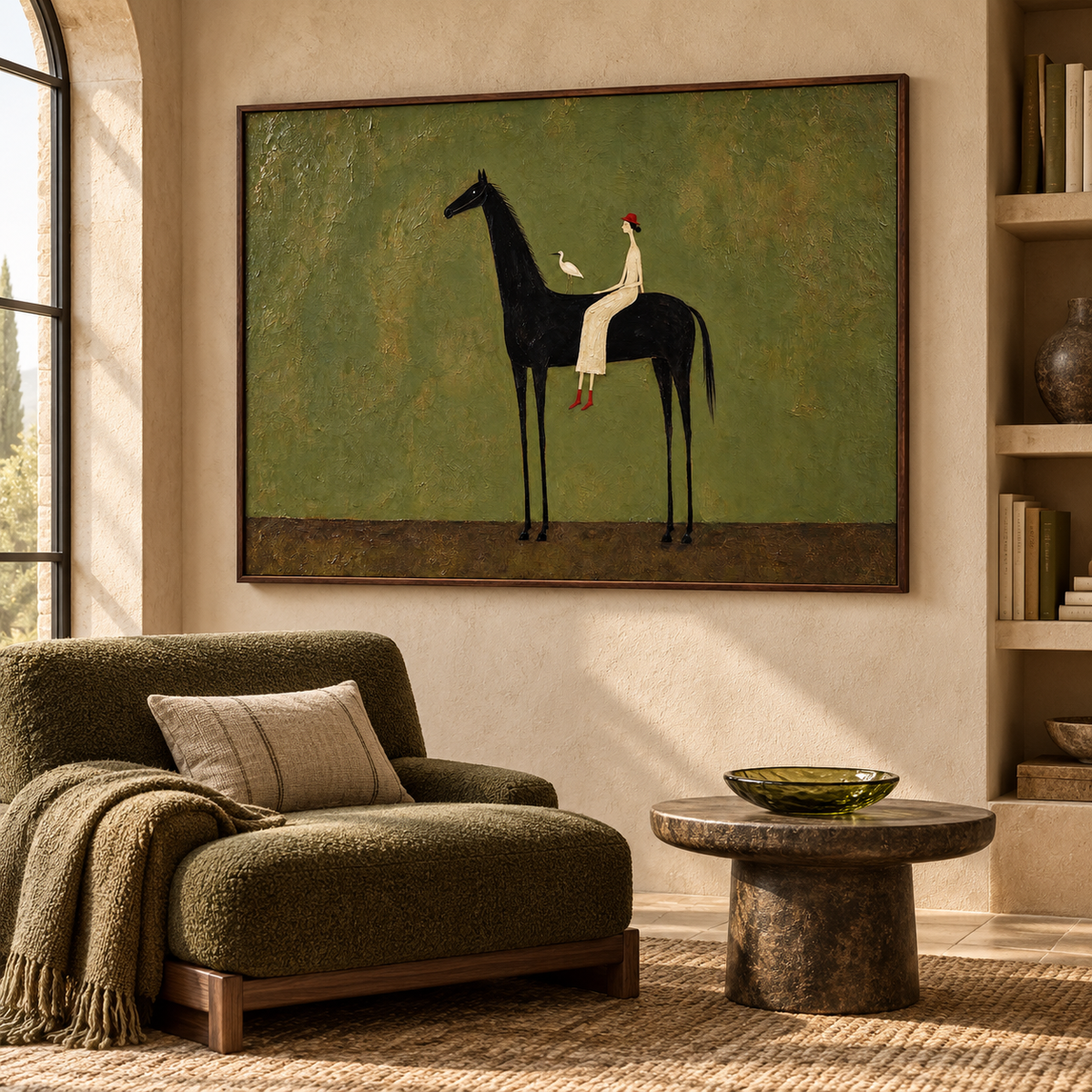 A small cream-clad woman in a red hat sits on a tall black horse against an olive-green ground; a white bird rests behind her on the horse’s back., shown from an angle in a reading corner.