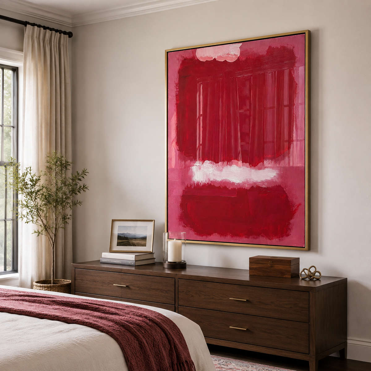 Deep red abstract blocks on dusty rose pink with a pale horizontal brushstroke, shown from an angle in a bedroom.