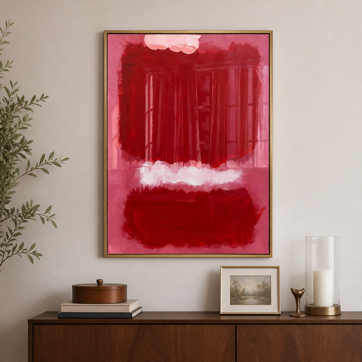 Deep red abstract blocks on dusty rose pink with a pale horizontal brushstroke, in a dining room.