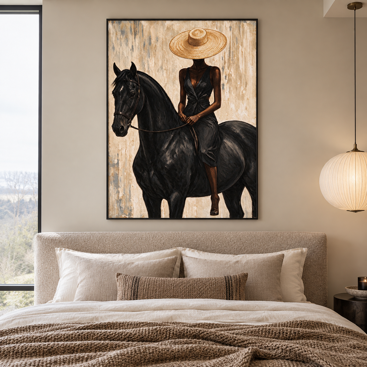 A woman in a black dress and broad tan hat sitting on a black horse with the reins held in both hands, shown in a modern bedroom.