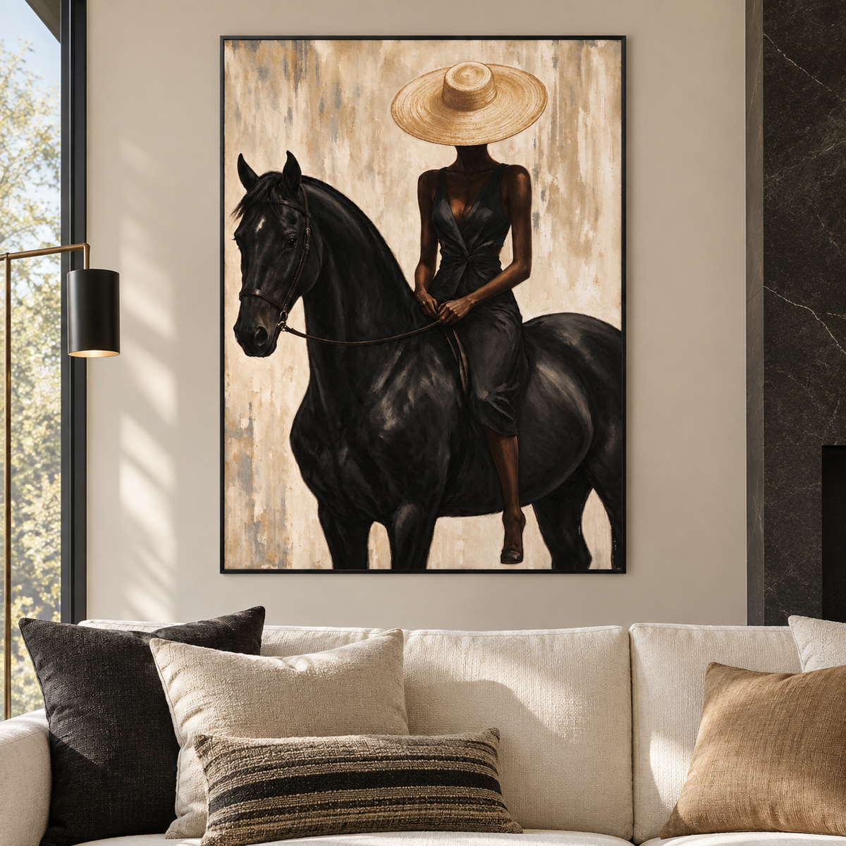 A woman in a black dress and broad tan hat sitting on a black horse with the reins held in both hands, shown in a modern living room.