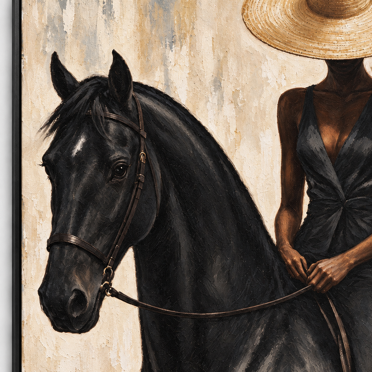 A woman in a black dress and broad tan hat sitting on a black horse with the reins held in both hands, close-up of the painted details.