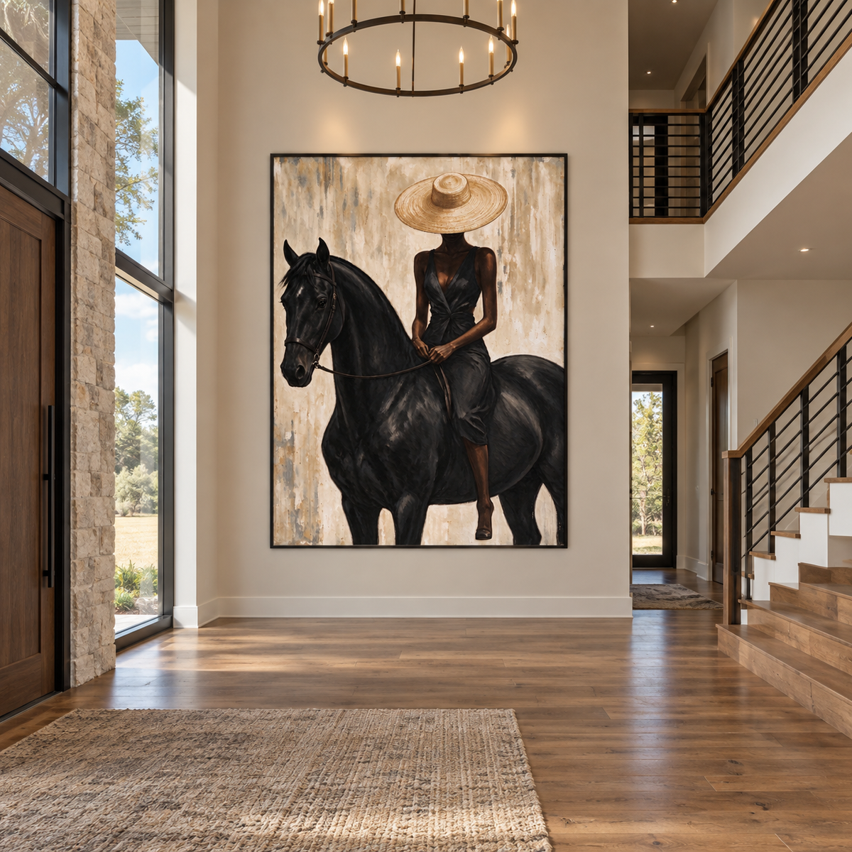 A woman in a black dress and broad tan hat sitting on a black horse with the reins held in both hands, shown in a ranch entryway.