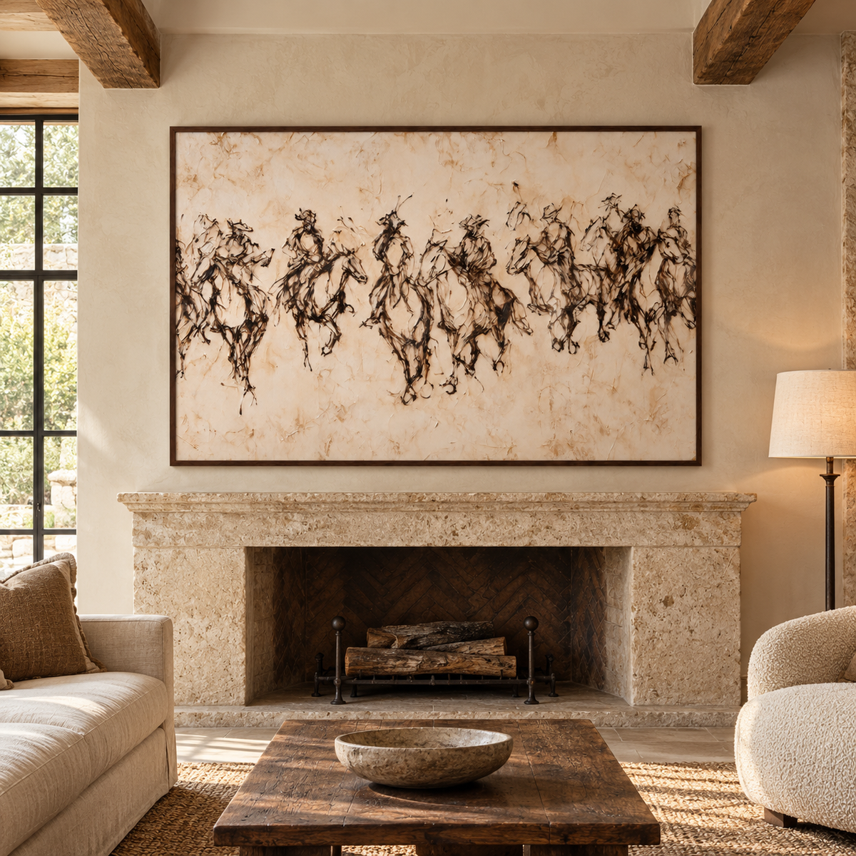 A wide sepia composition of a running herd: horse and rider forms overlap in lively dark brushlike marks across a pale cream ground., above a fireplace.