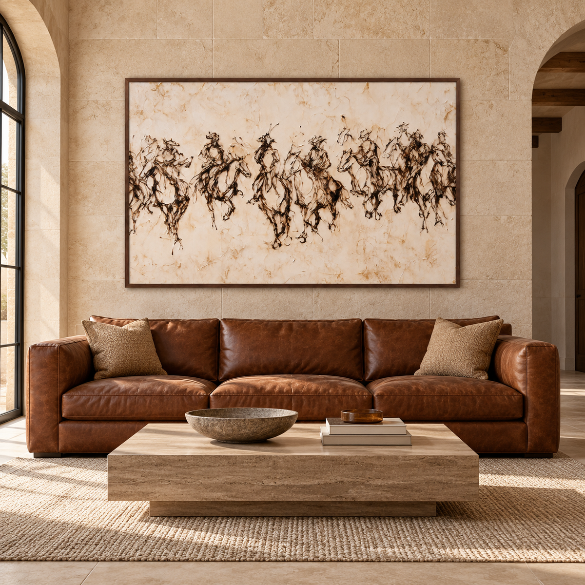 A wide sepia composition of a running herd: horse and rider forms overlap in lively dark brushlike marks across a pale cream ground., in a living room.