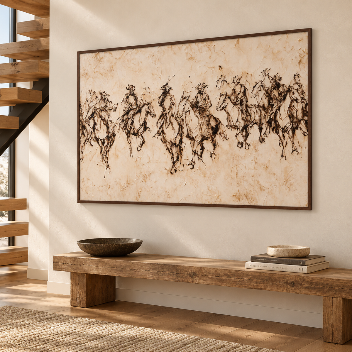 A wide sepia composition of a running herd: horse and rider forms overlap in lively dark brushlike marks across a pale cream ground., shown from an angle on a stair landing.