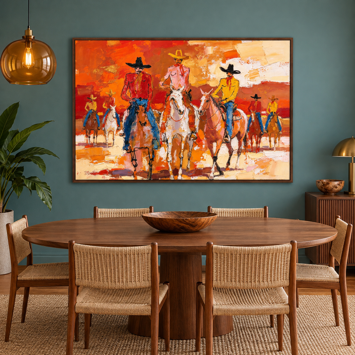 A lively group of cowboys ride across a bright orange-red field, with loose blocks of cream, yellow, blue, and brown shaping the horses and riders., in a dining room.
