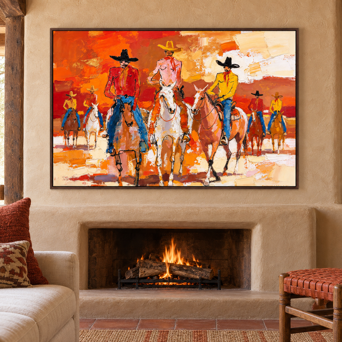A lively group of cowboys ride across a bright orange-red field, with loose blocks of cream, yellow, blue, and brown shaping the horses and riders., above a fireplace.