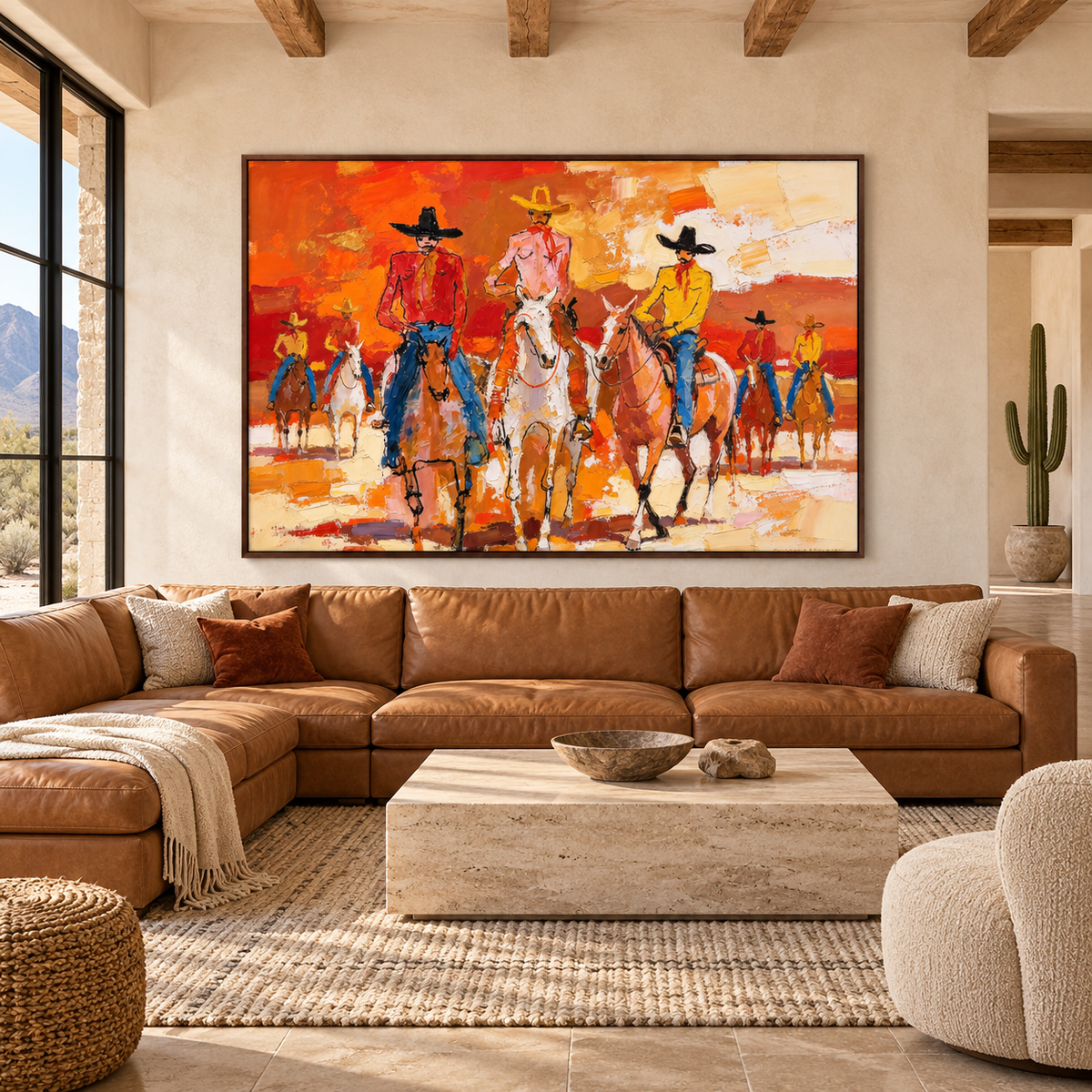 A lively group of cowboys ride across a bright orange-red field, with loose blocks of cream, yellow, blue, and brown shaping the horses and riders., in a living room.