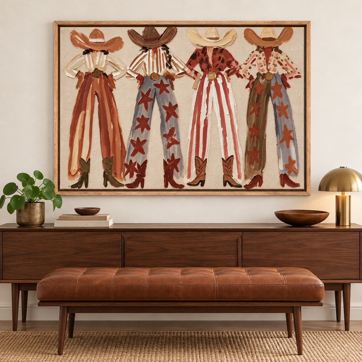 Four faceless cowgirls standing with hands on hips in broad hats, patterned shirts, striped and star-covered wide-leg pants and cowboy boots against a cream background, shown in room setting 3.